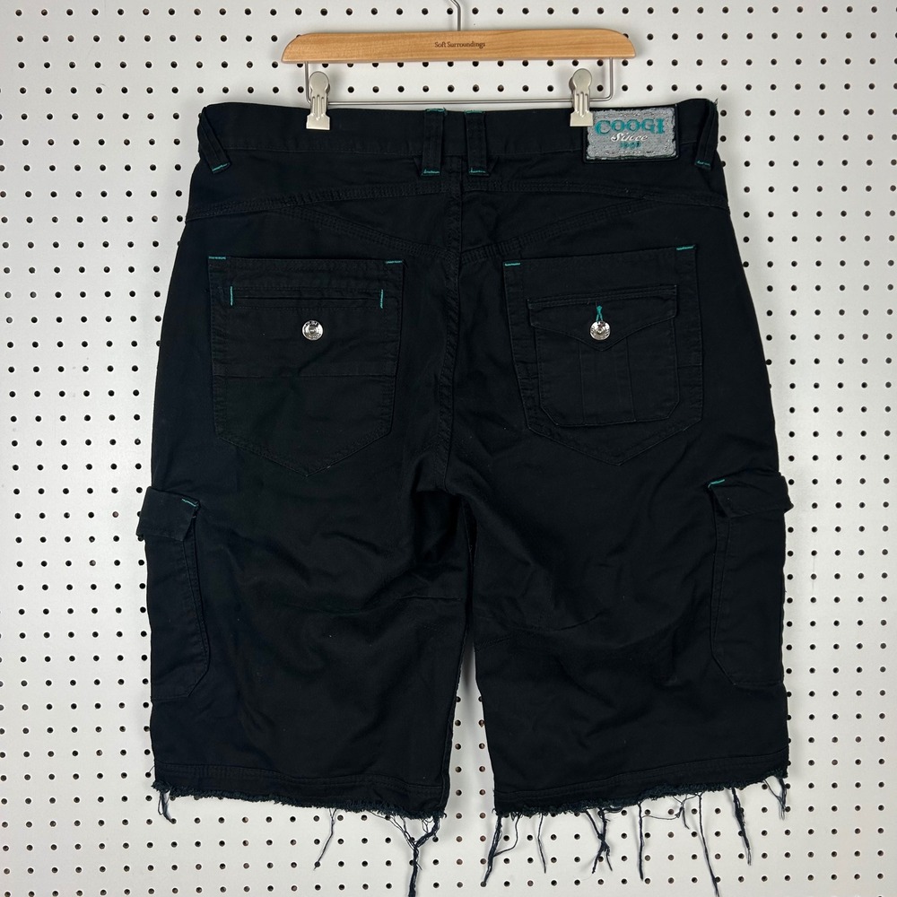 Coogi Black Cargo Shorts Raw Hem Teal Stitching Size 40 Hip Hop Streetwear Baggy